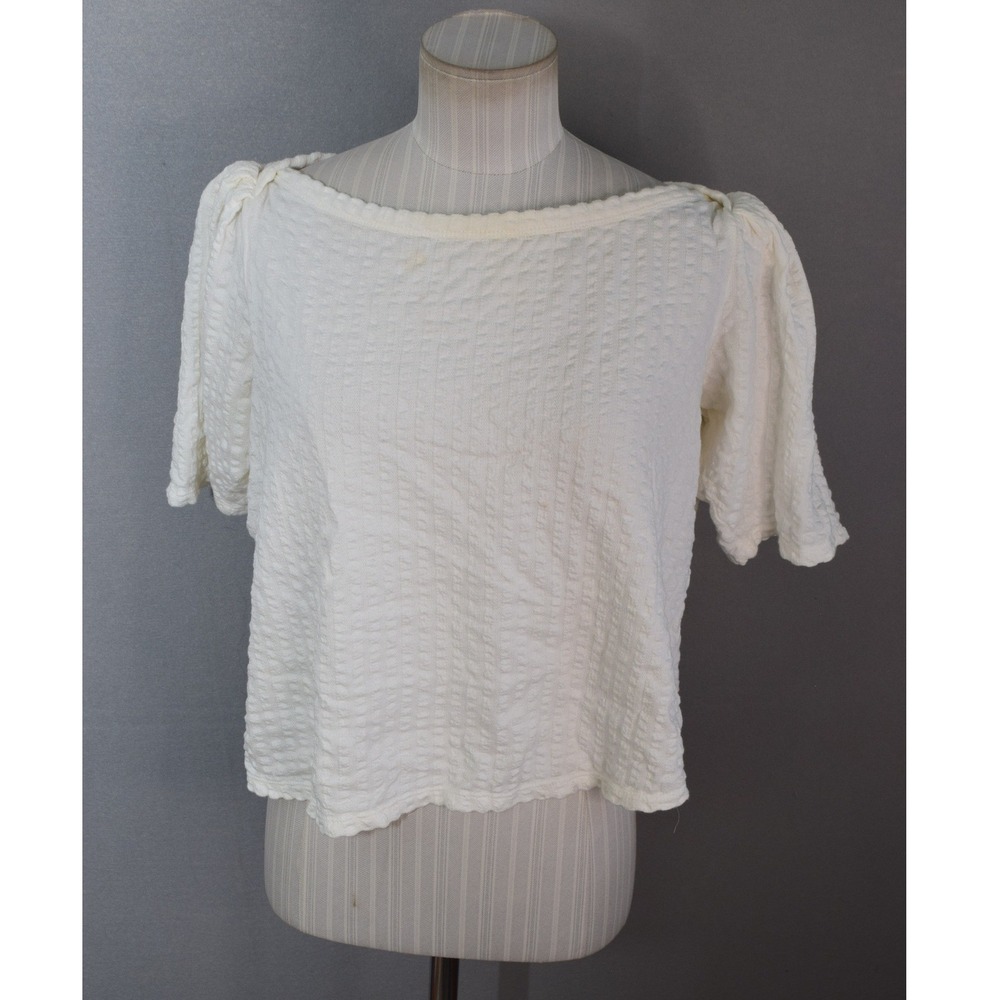 Nation LTD Shirt Small Cream Puff Sleeve Seersucker Boat Neck Women Cotton Blend